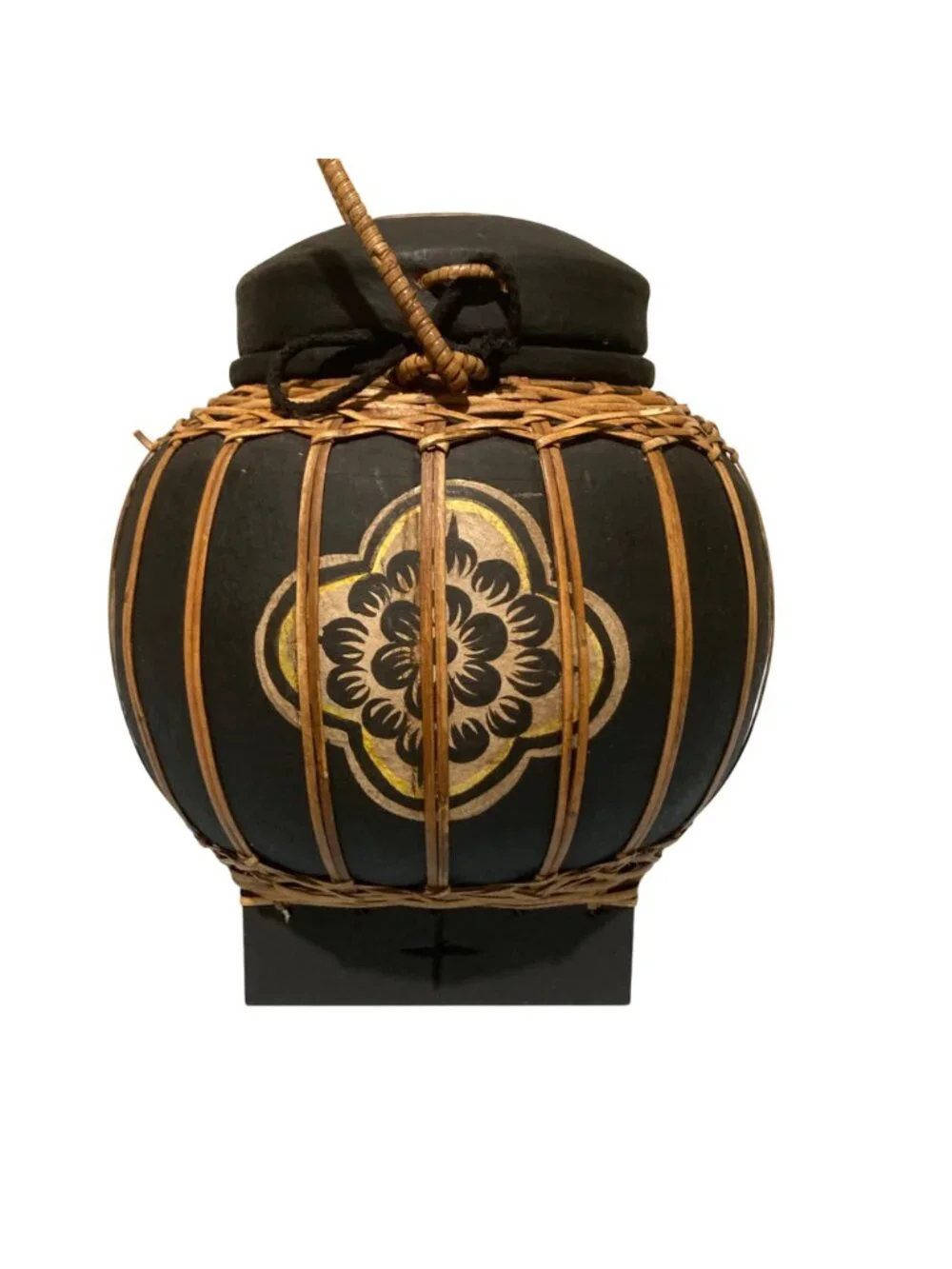 Handcrafted Vintage Thai Rice Basket With Lid And Floral Design